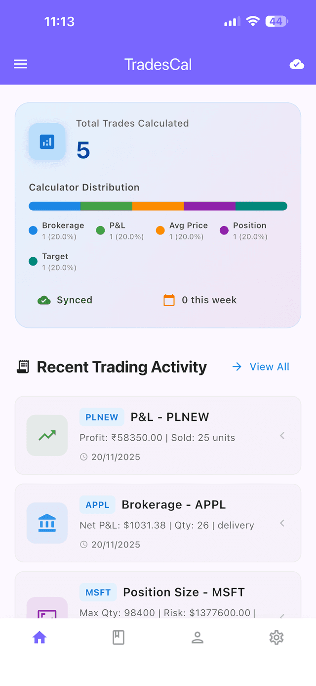 TradesCal App Screenshot - Dashboard