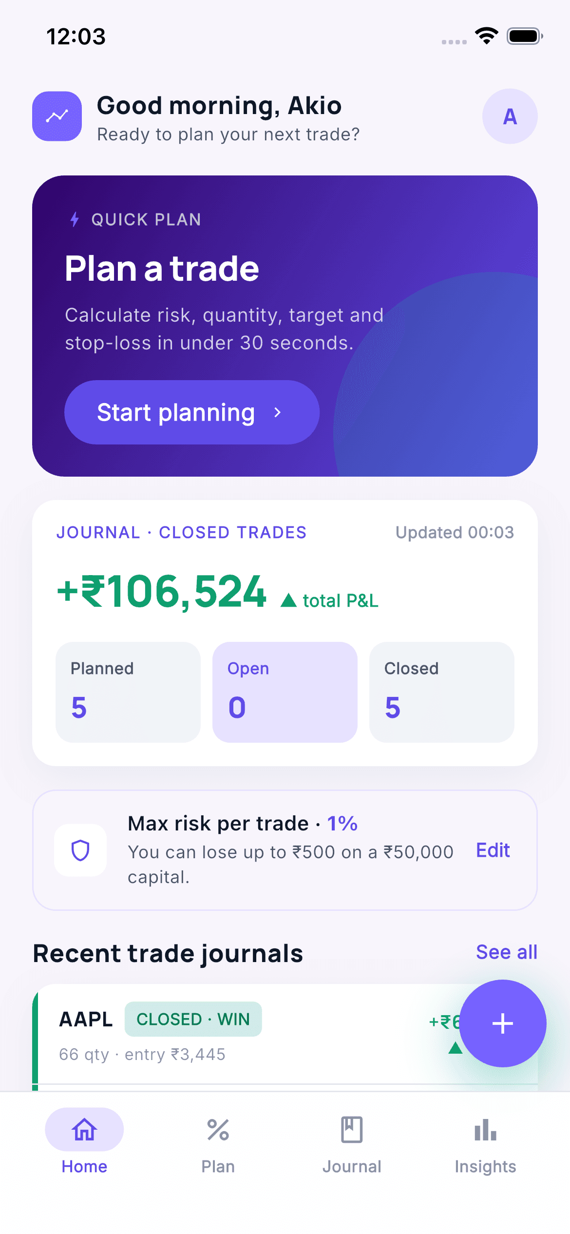TradesCal home dashboard with quick planning and journal stats
