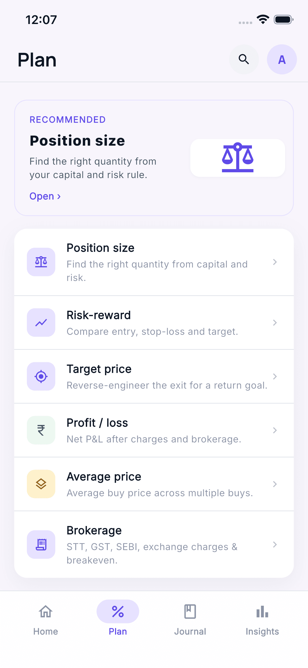 Plan tab showing six trading calculators
